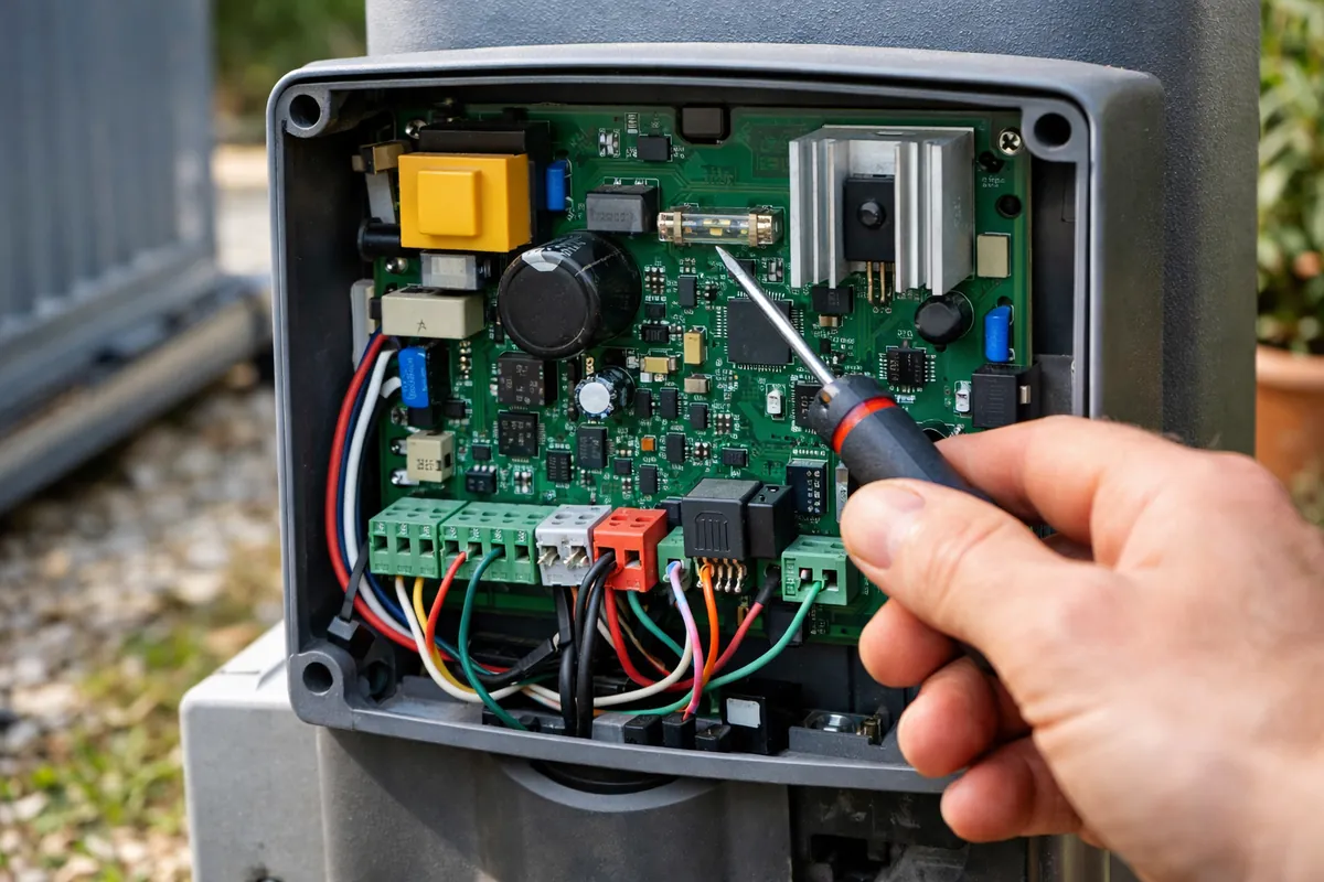 Carte électronique de motorisation de portail avec ses voyants de diagnostic