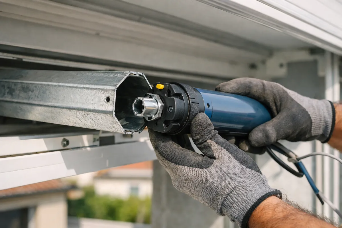 Insertion d'un moteur tubulaire neuf dans l'axe d'un volet roulant
