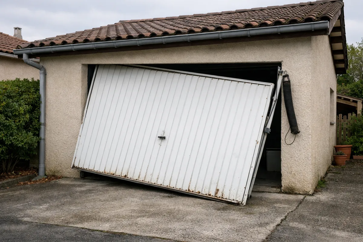 Porte de garage basculante de travers après la rupture d'un ressort de traction