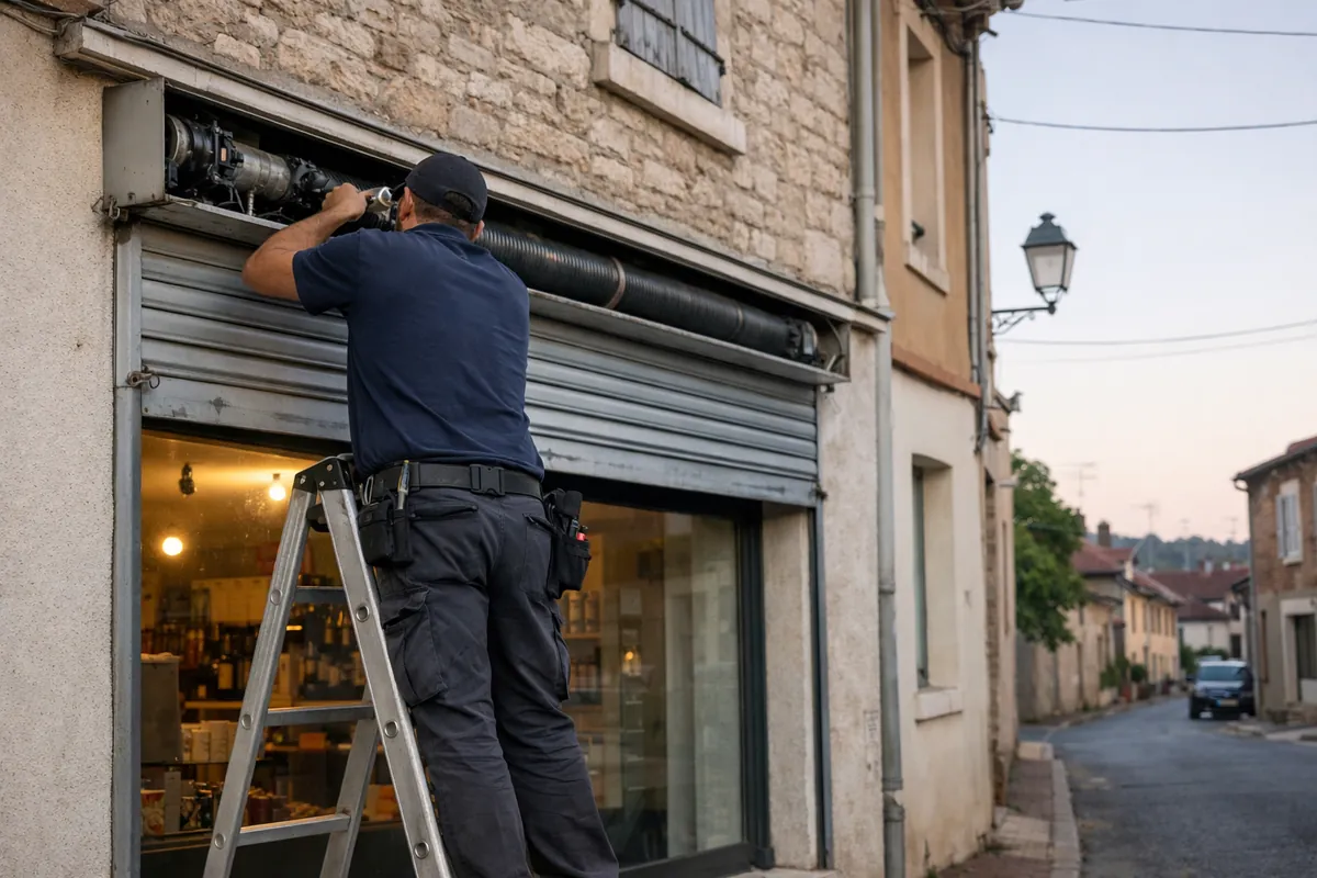 Technicien intervenant sur le coffre d'un rideau métallique de commerce
