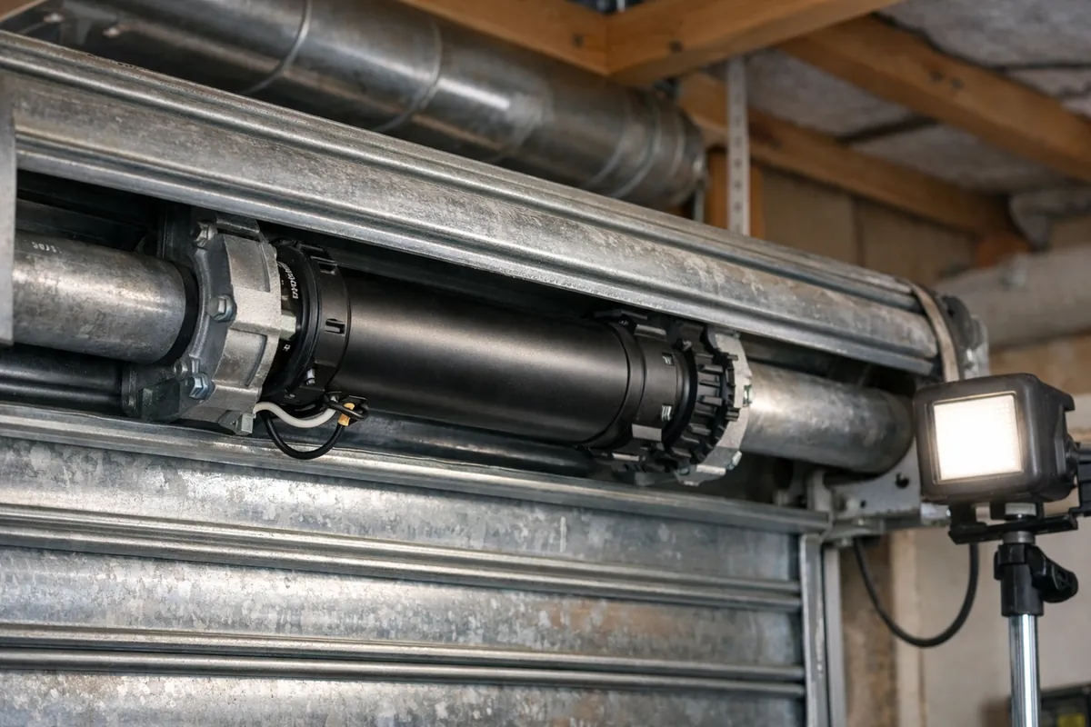 Moteur central sur l'axe d'un rideau métallique