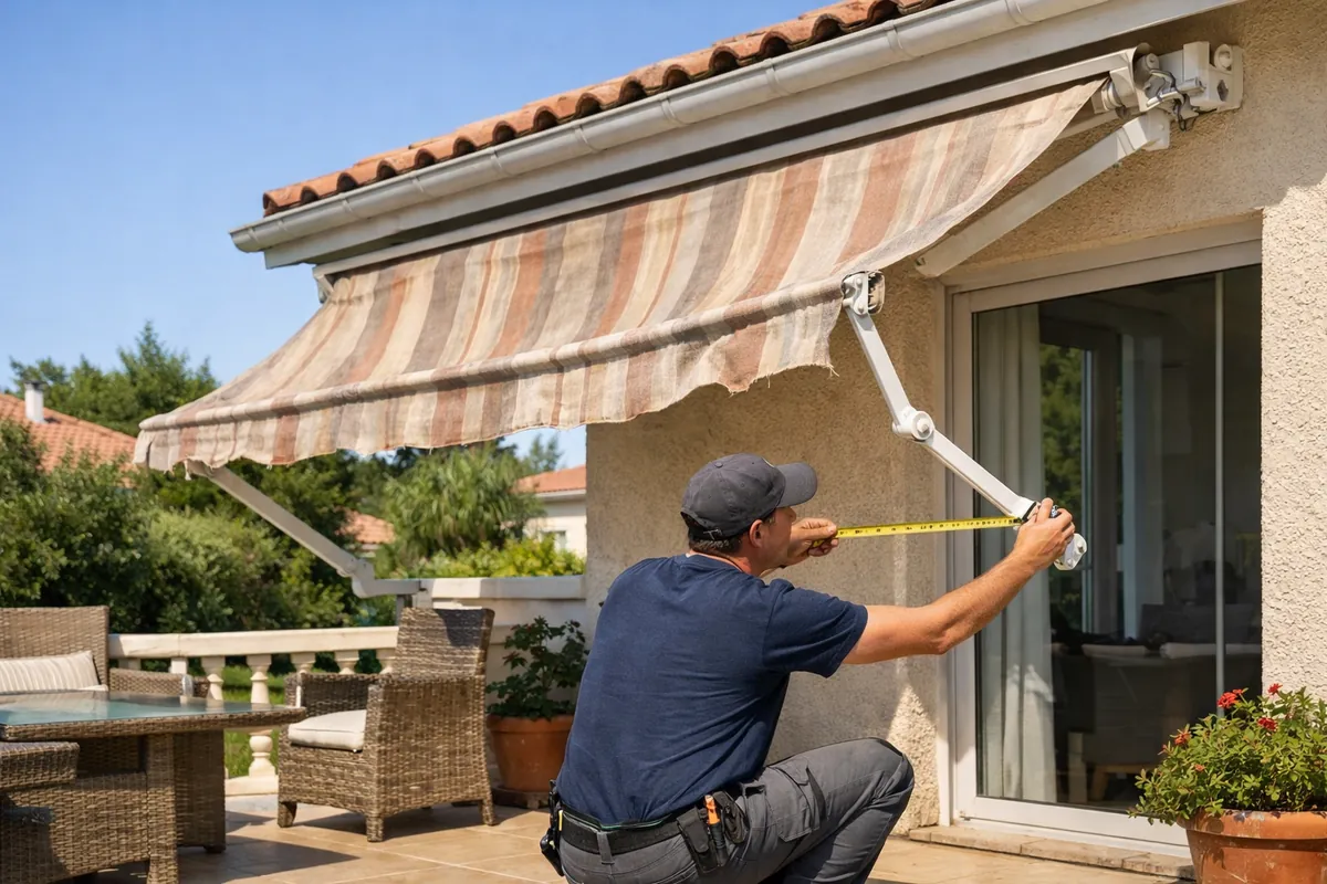 Store banne avec un bras affaissé et une toile décolorée sur une terrasse
