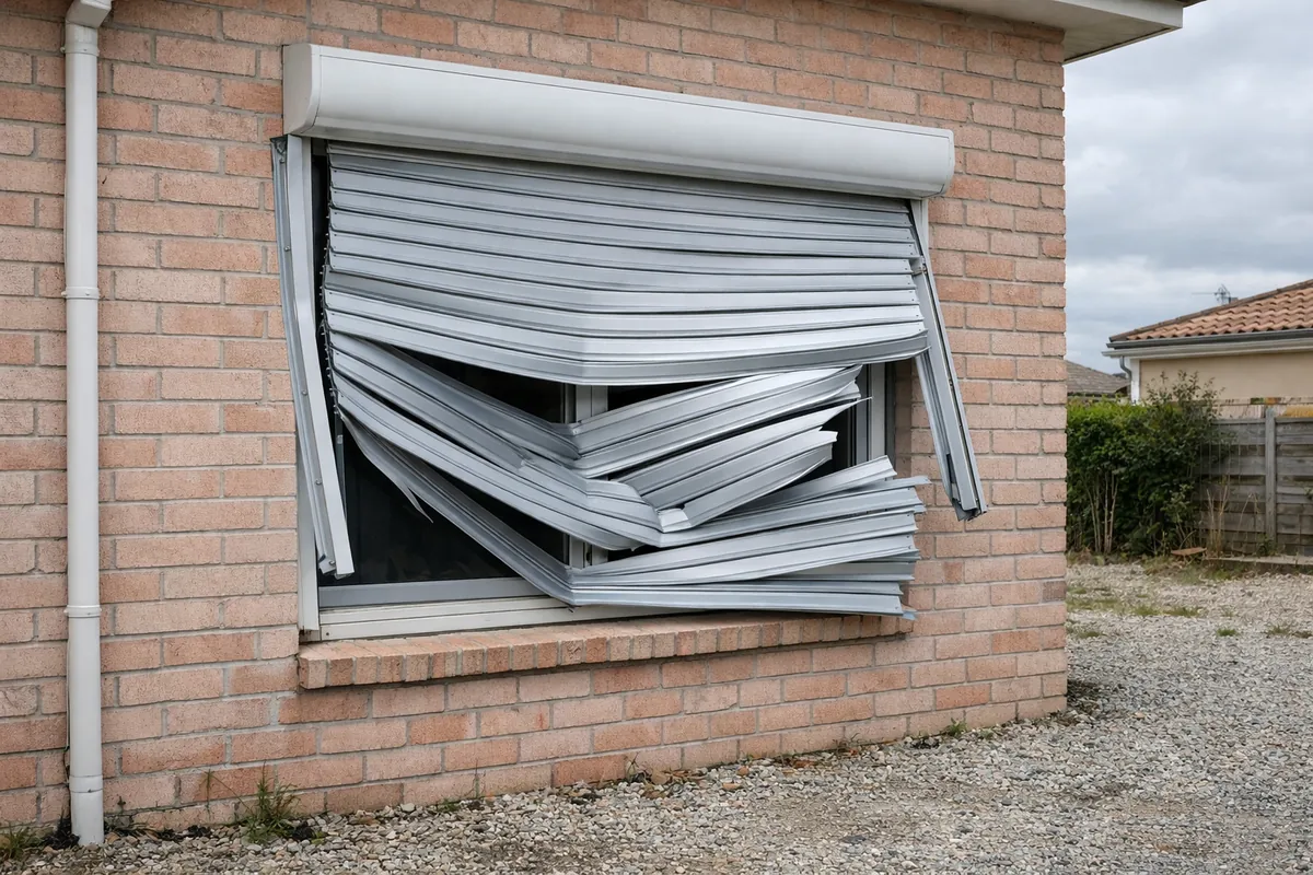 Tablier de volet roulant sorti de ses coulisses avec des lames pliées