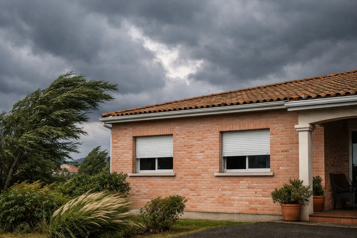 Façade de maison de la vallée du Tarn exposée au vent d'autan, volets à demi fermés